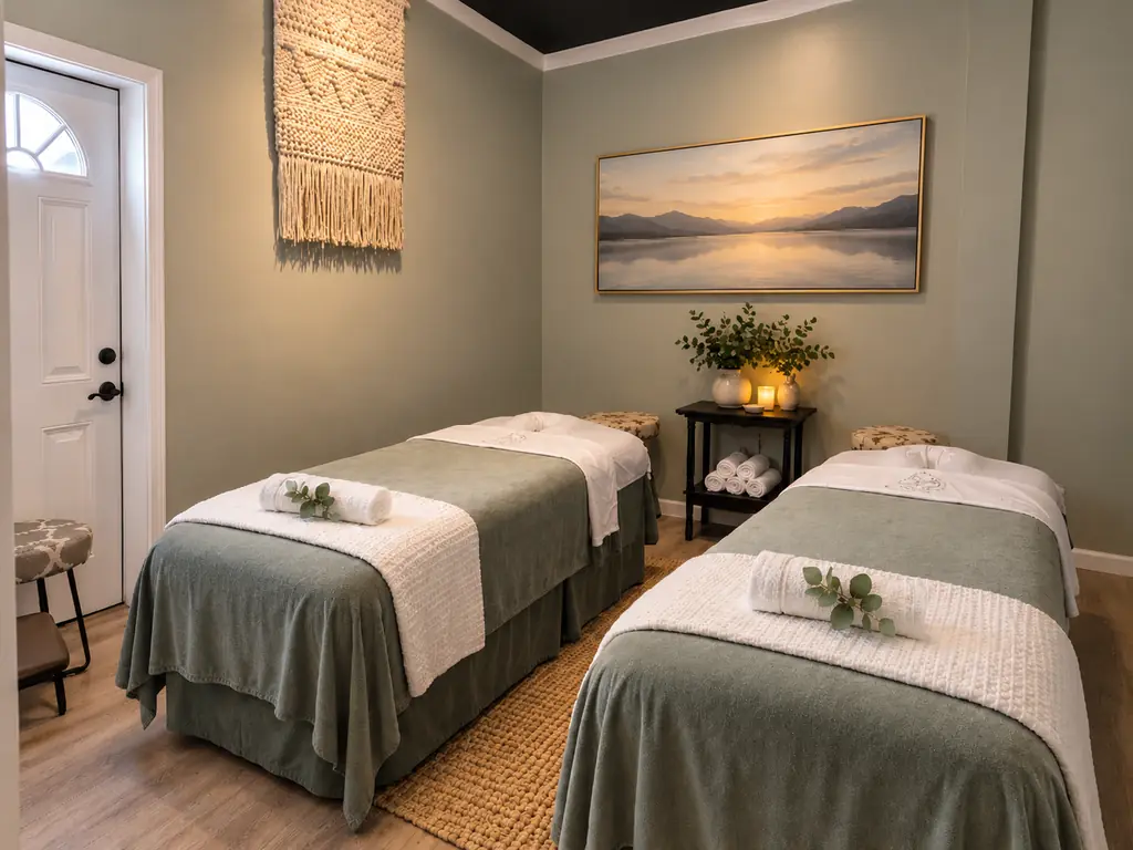 Two massage tables with fresh cream linens in a private room, with a landscape painting, woven wall hanging and towels between the tables.