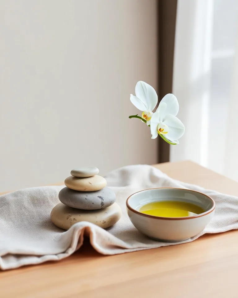 Smooth stones and a ceramic bowl rest on beige linen beneath white orchids beside a softly lit window.