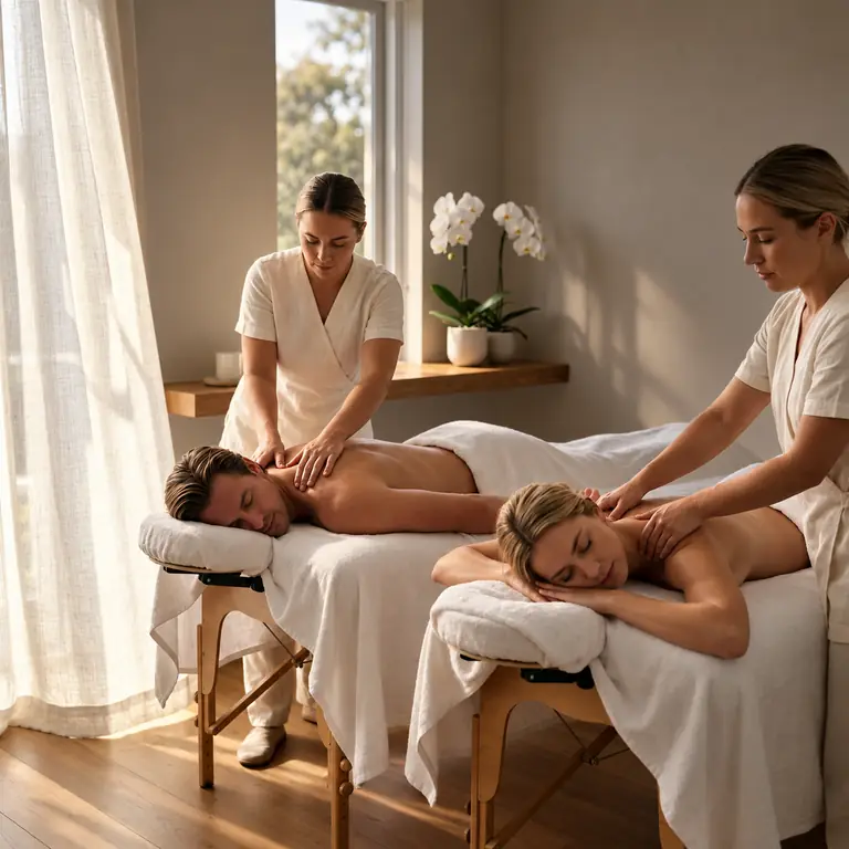 Two clients, a man and a woman, on side-by-side massage tables while two therapists in cream tunics work along their backs.