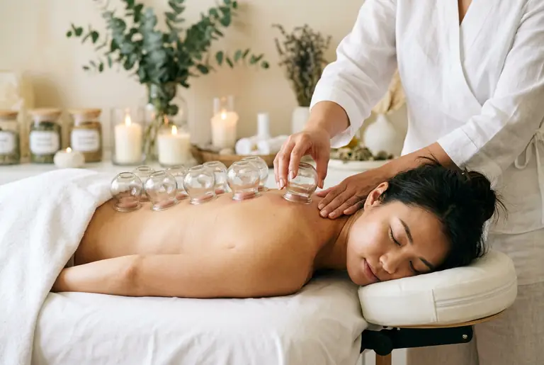 Six glass cups in a line down a client's back as the therapist lifts the last into place, with eucalyptus and candles on a pale ledge behind.