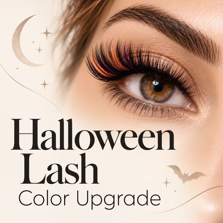 Orange and purple lash accents beside the words Halloween Lash Color Upgrade, with a crescent moon and bat.