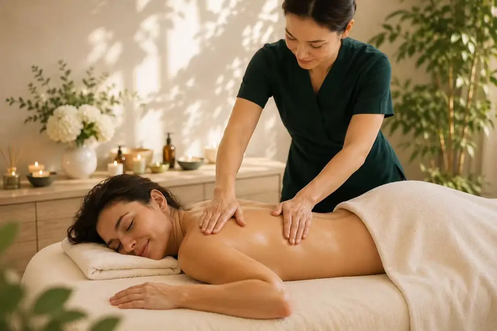 A therapist in dark green works along a client's back on a massage table beside flowers and candles in warm evening light.