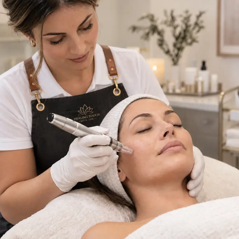 A gloved practitioner applies a pen-shaped skin treatment device to a reclining client's cheek.